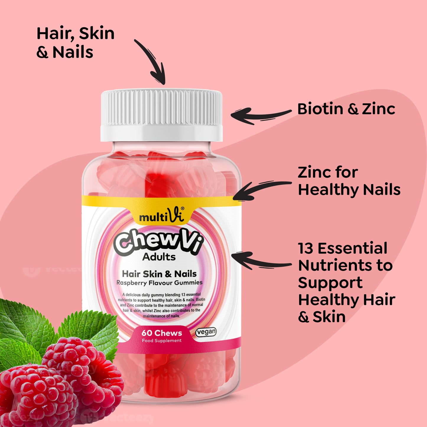 Hair Skin & Nails Gummies - Raspberry Flavour